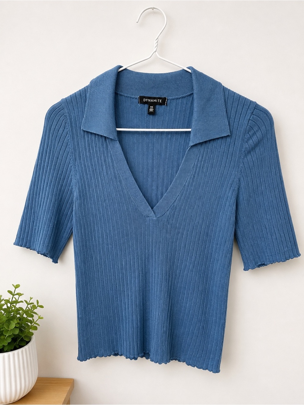 Dynamite Blue Ribbed V-Neck Polo Top